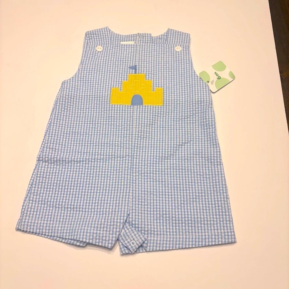 PETIT AMI ZU ROMPER BOY SIZE 6 MONTHS 
BLUE & WHITE SEERSUCKER SANDCASTLE